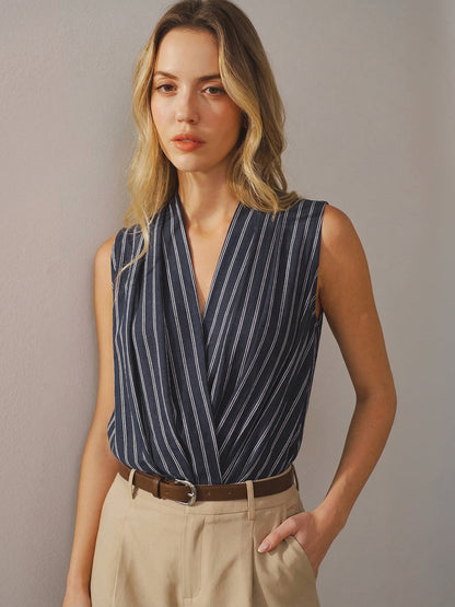 Cotton Linen Striped Sleeveless Wrap Bodysuit