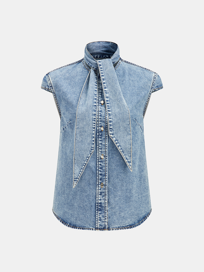 Tie Neck Sleeveless Denim Shirt
