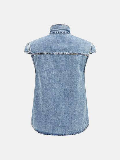 Tie Neck Sleeveless Denim Shirt