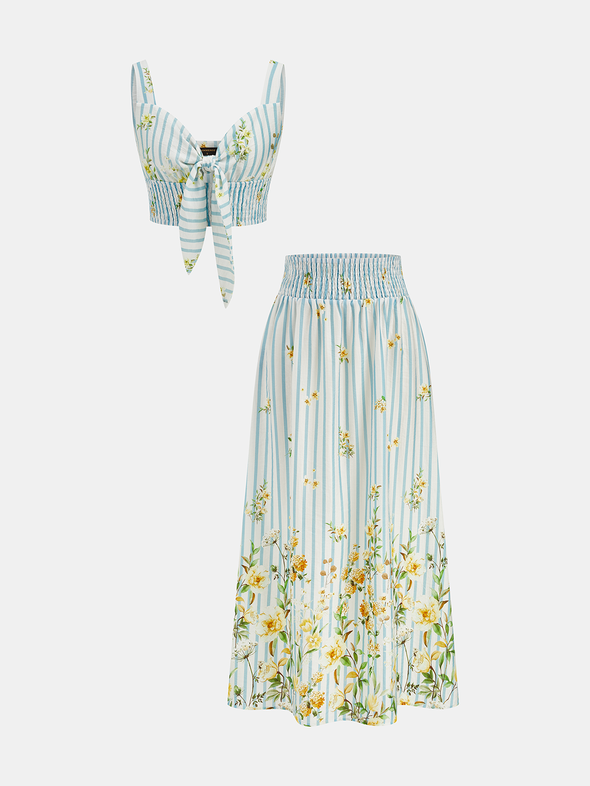Floral Print Striped Smocked Top & Skirt Set
