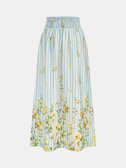 Floral Print Striped Smocked Top & Skirt Set