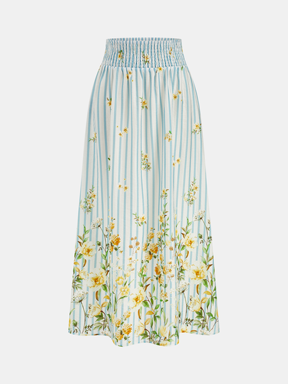 Floral Print Striped Smocked Top & Skirt Set