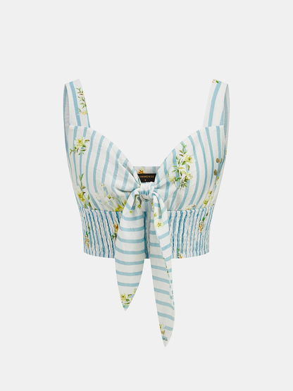 Floral Print Striped Smocked Top & Skirt Set