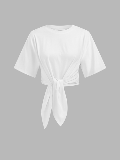 Cotton Knotted Short Sleeve Crop Top
