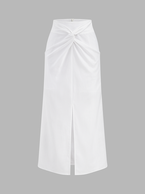 Cotton Linen Twisted Slit Midi Skirt
