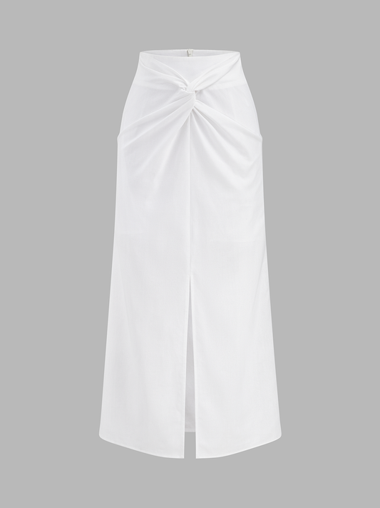 Cotton Linen Twisted Slit Midi Skirt