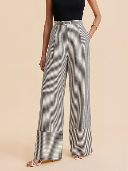 Belted Striped Wide-Leg Pants