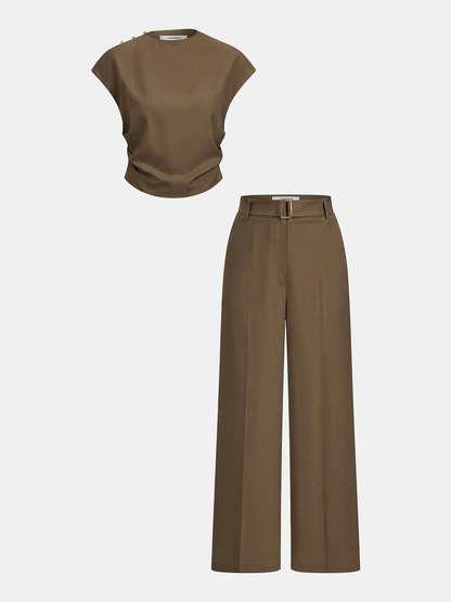 Sleeveless Ruched Top & Wide-Leg Pants Set
