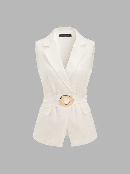 Metal Buckle Linen Blend Sleeveless Blazer Vest