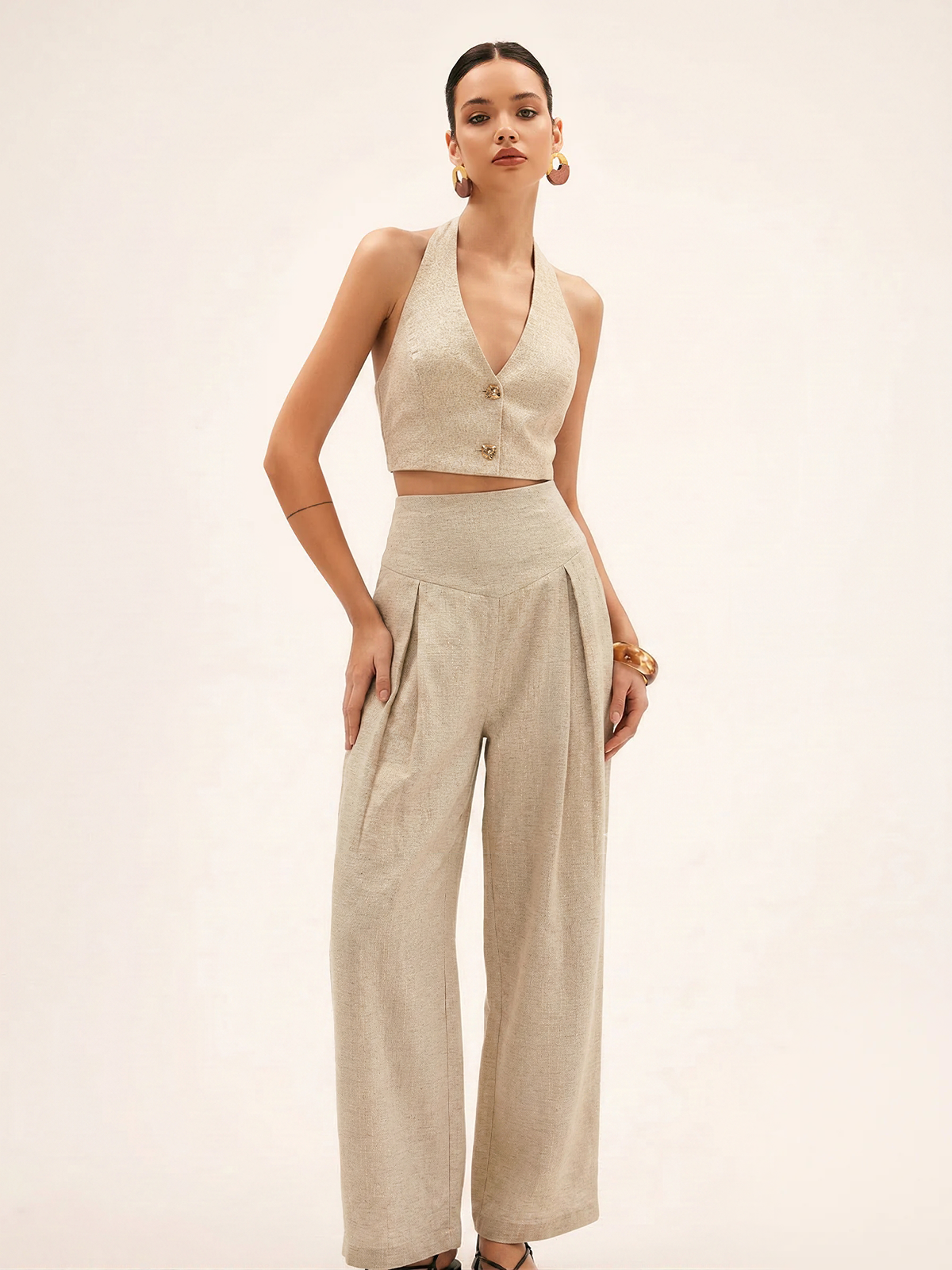 Linen Blend Halter Crop Top & Pants Set
