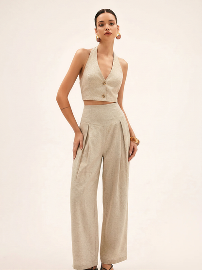 Linen Blend Halter Crop Top & Pants Set