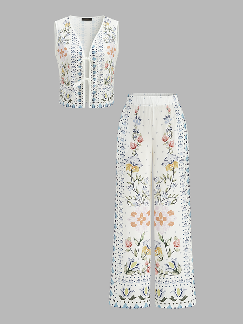 Floral Print Sleeveless Tie Front Top & Pants Set