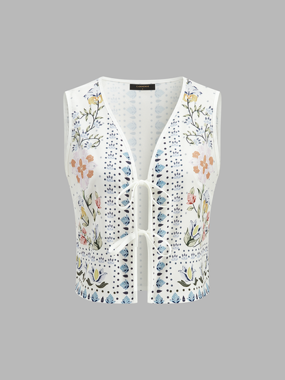 Floral Print Sleeveless Tie Front Top & Pants Set