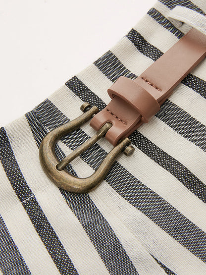 Striped Cotton Linen Belted Shorts