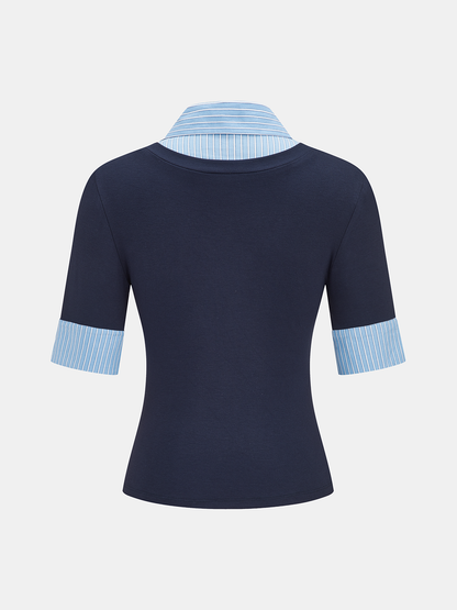2 in 1 Striped Collar Elbow Sleeve Blouse
