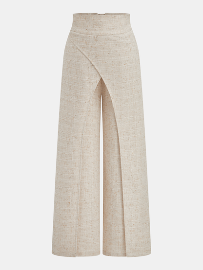 Textured Overlap Lace-Up Waist Wide Leg Pants