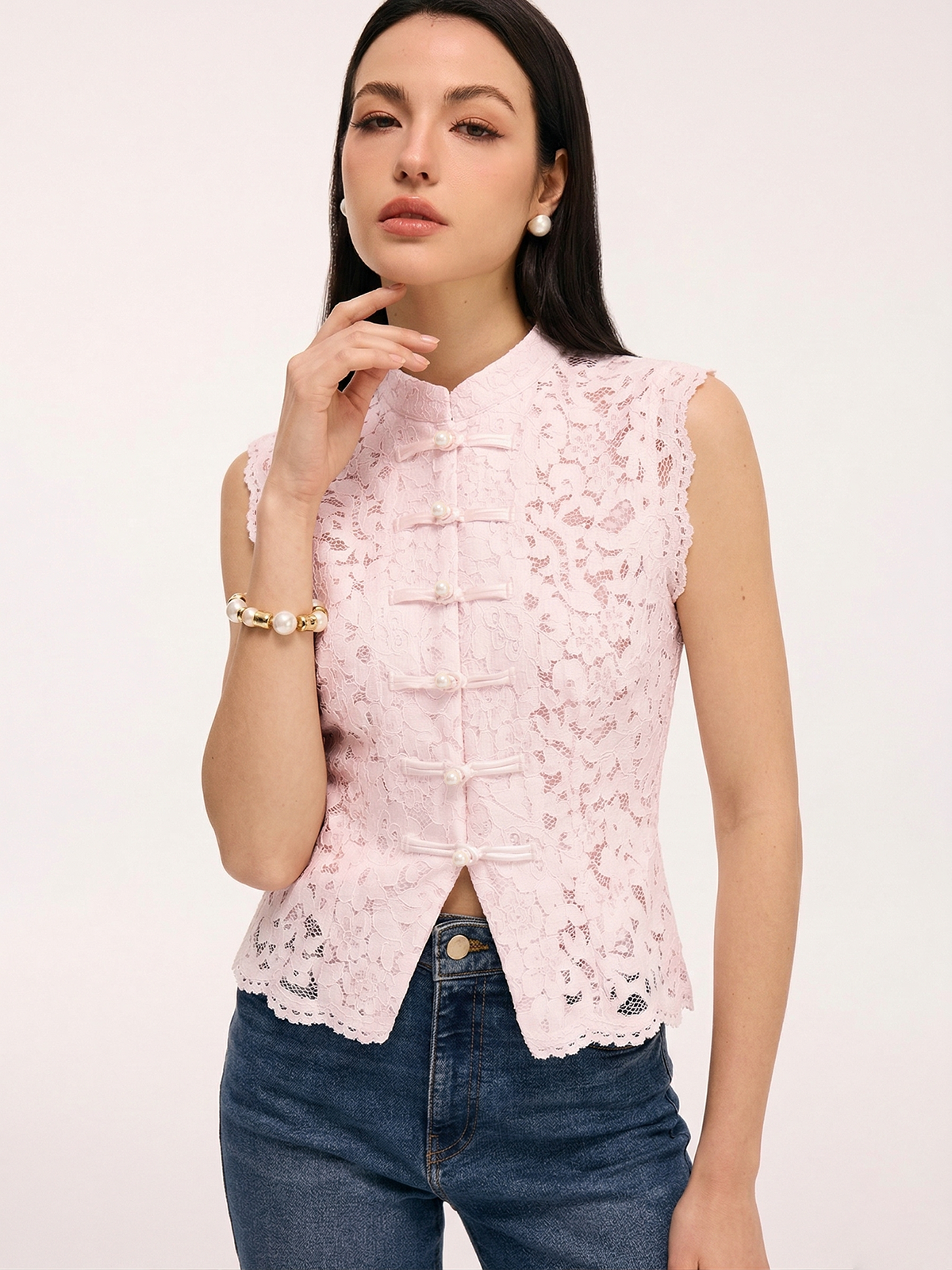Lace Mandarin Collar Pearl Button Sleeveless Top