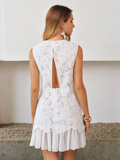 Sleeveless Floral Lace Ruffled Mini Dress