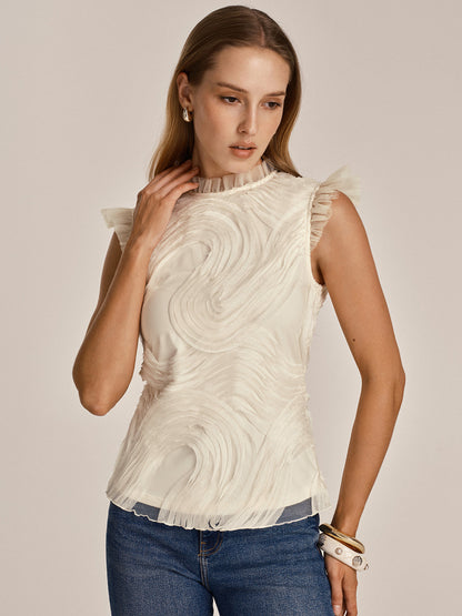 Textured Ruffled Mesh Tank Top