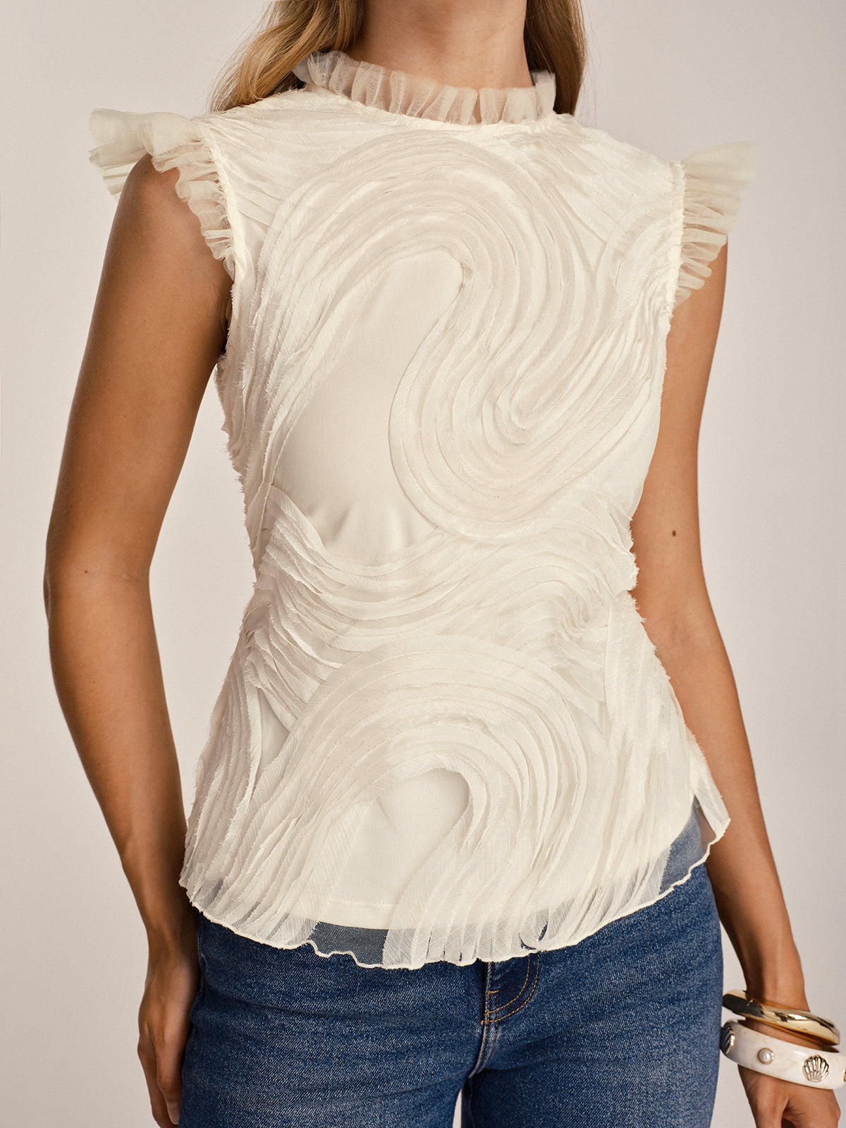 Textured Ruffled Mesh Tank Top