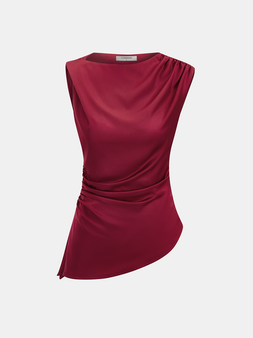 Ruched Asymmetrical Satin Tank Top
