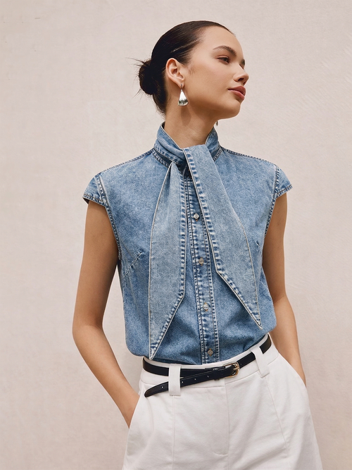 Tie Neck Sleeveless Denim Shirt