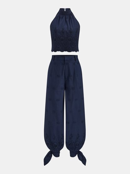 Eyelet Embroidery Top & Tie-Cuff Pants Set