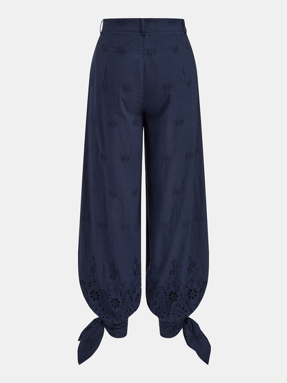 Eyelet Embroidery Top & Tie-Cuff Pants Set