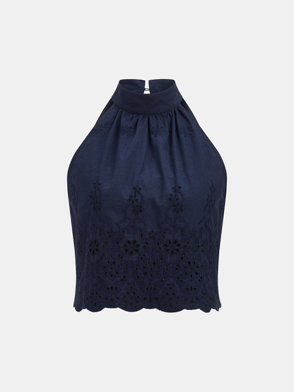 Eyelet Embroidery Top & Tie-Cuff Pants Set