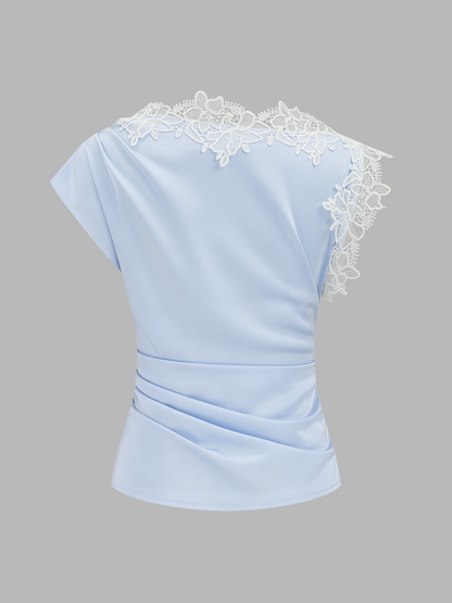 Asymmetric Lace Trim Ruched Blouse