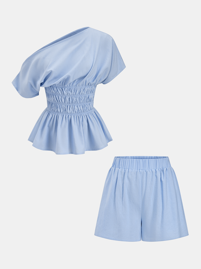Off Shoulder Smocked Peplum Top & Shorts Set