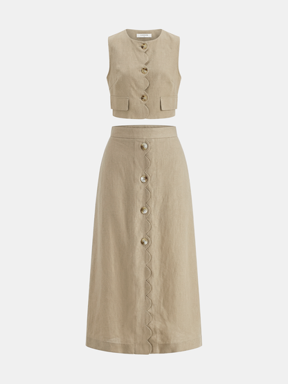 Cotton Linen Scallop Trim Vest & Skirt Set