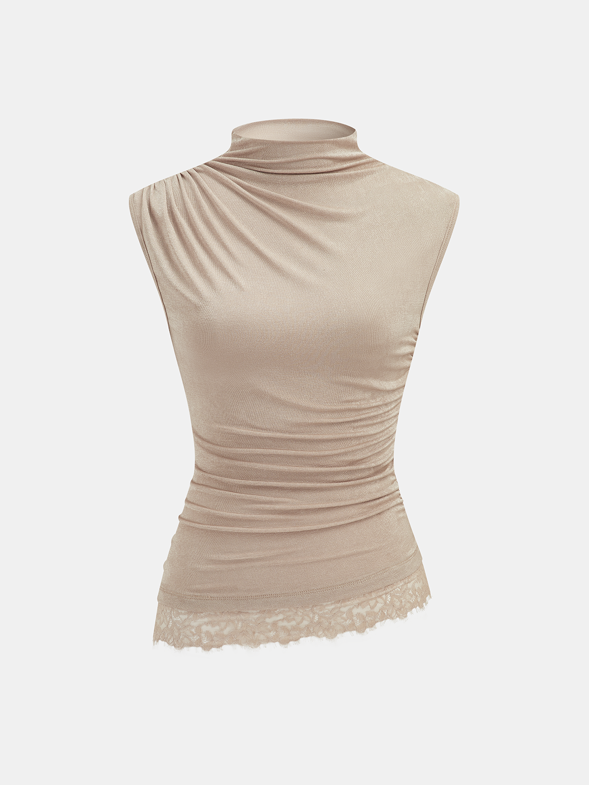 High Neck Sleeveless Ruched Lace Trim Blouse