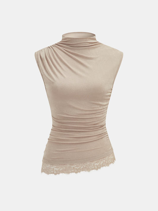 High Neck Sleeveless Ruched Lace Trim Blouse