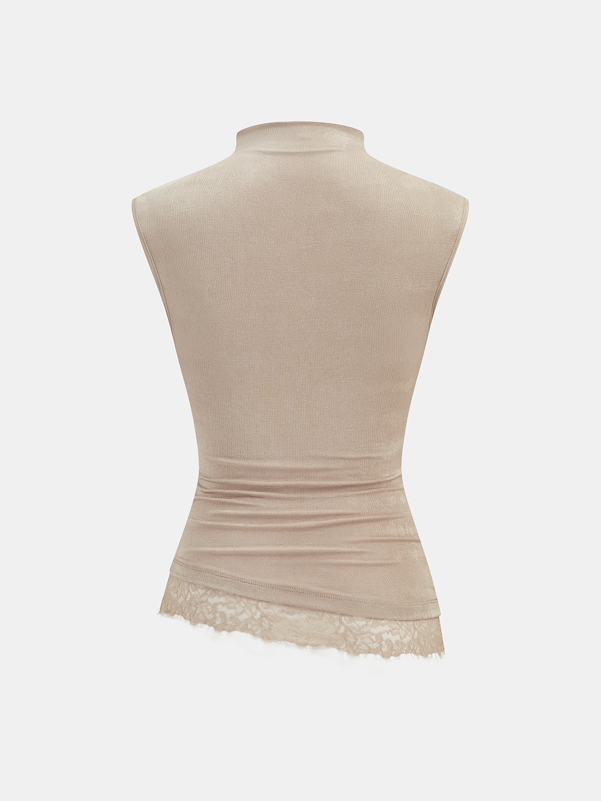 High Neck Sleeveless Ruched Lace Trim Blouse