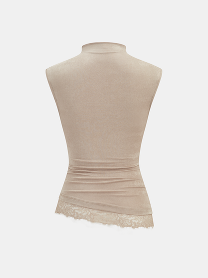 High Neck Sleeveless Ruched Lace Trim Blouse