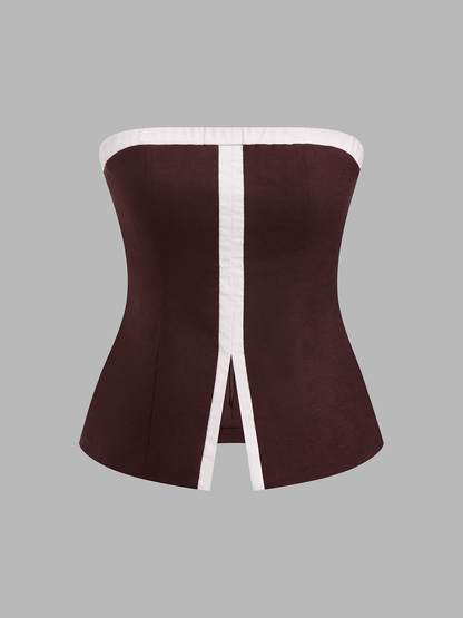 Cotton Linen Contrast Trim Tube Top & Pants Set