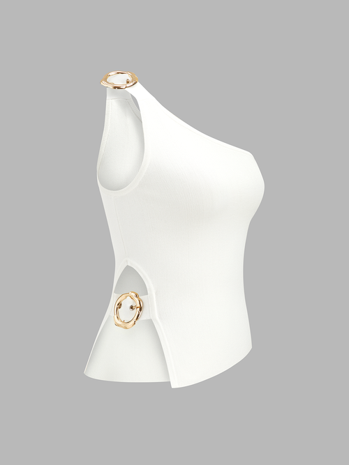 One Shoulder Cut-Out Buckle Tank Top