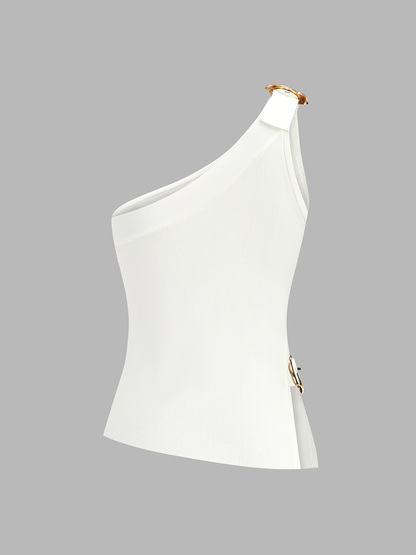 One Shoulder Cut-Out Buckle Tank Top