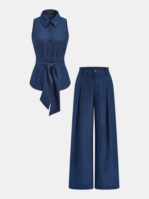 Faux Denim Tie Waist Top & Pants Set