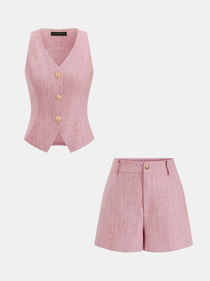 Textured Metal Button Vest & Shorts Set