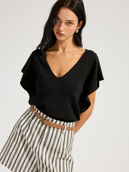 V-Neck Flutter Sleeve Cinched Knitted Tops