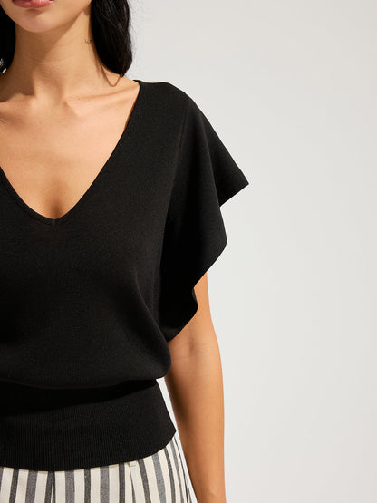 V-Neck Flutter Sleeve Cinched Knitted Tops