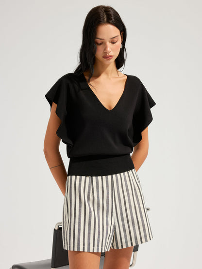 V-Neck Flutter Sleeve Cinched Knitted Tops