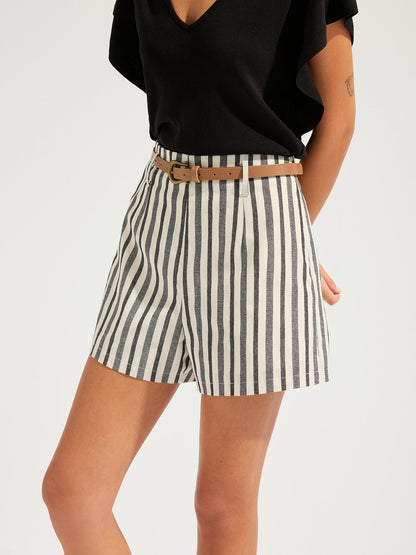 Striped Cotton Linen Belted Shorts