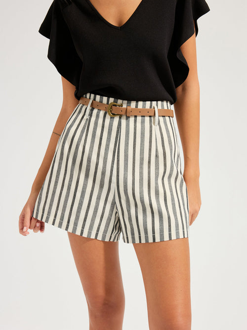Striped Cotton Linen Belted Shorts