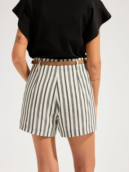 Striped Cotton Linen Belted Shorts