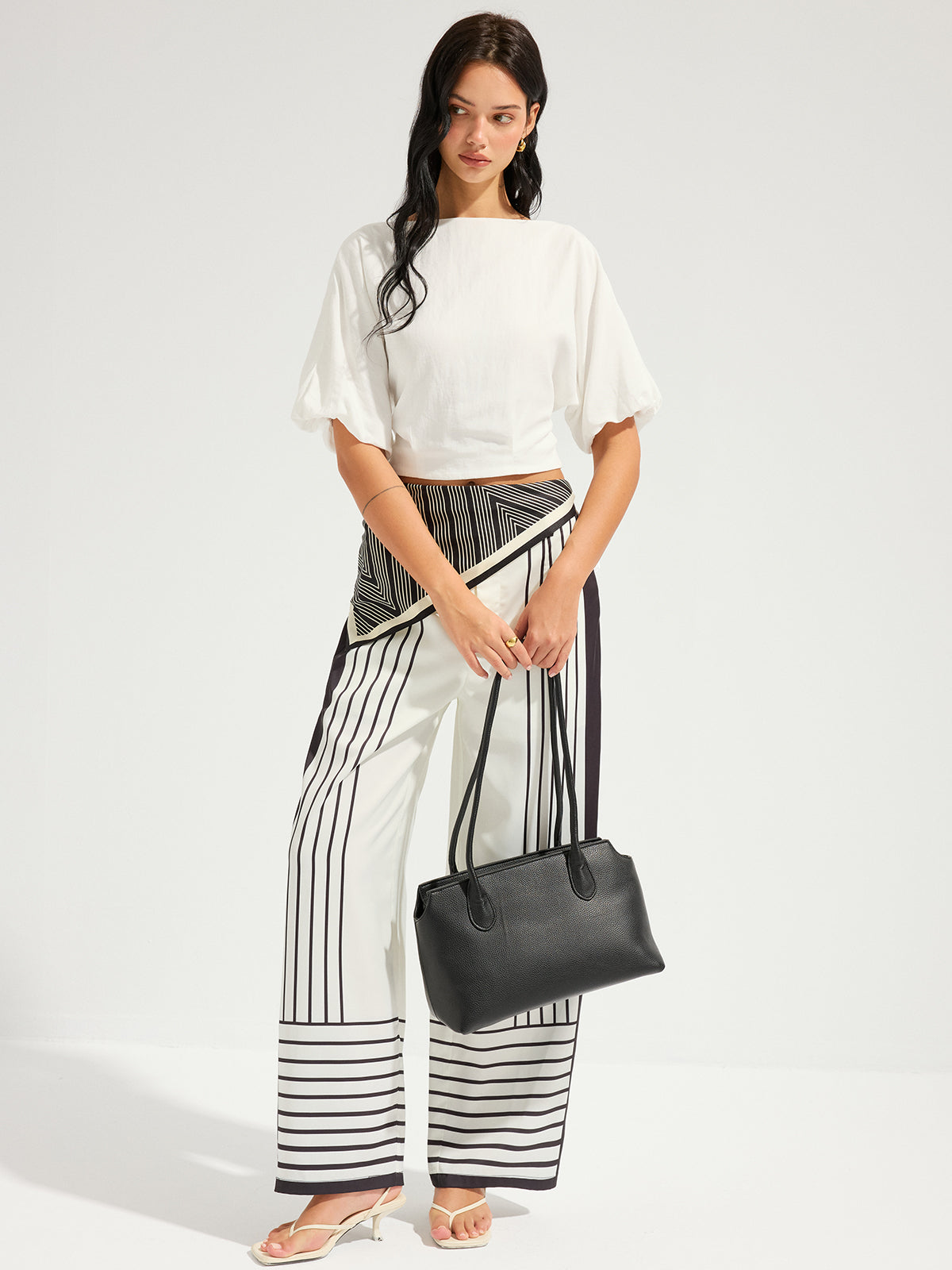 Linen-Blend Boat Neck Puff Sleeve Crop Top