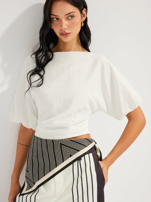 Linen-Blend Boat Neck Puff Sleeve Crop Top