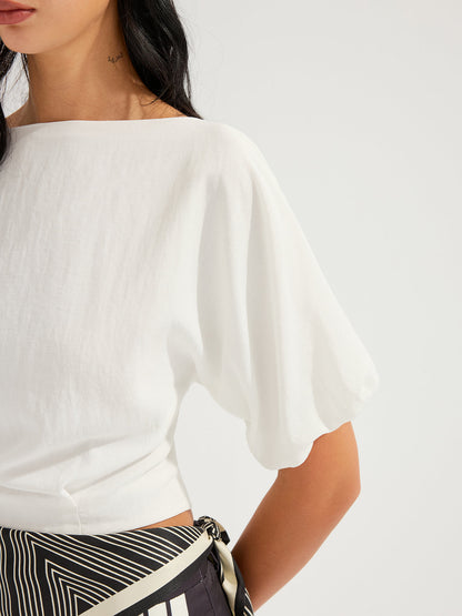 Linen-Blend Boat Neck Puff Sleeve Crop Top